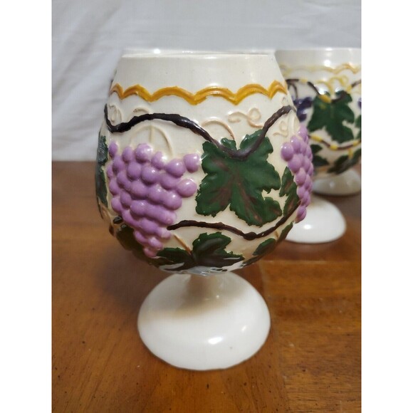 Arnels Ceramic Wine Goblet Glasses Set Of 6 Purple Grapes Green Vines Embossed - Picture 3 of 9